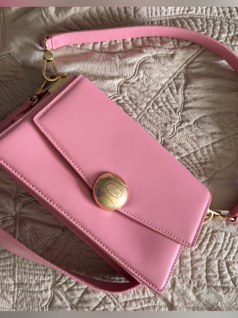 Lacoste Pink Leather Crossbody Bag with Gold-Tone Turnlock